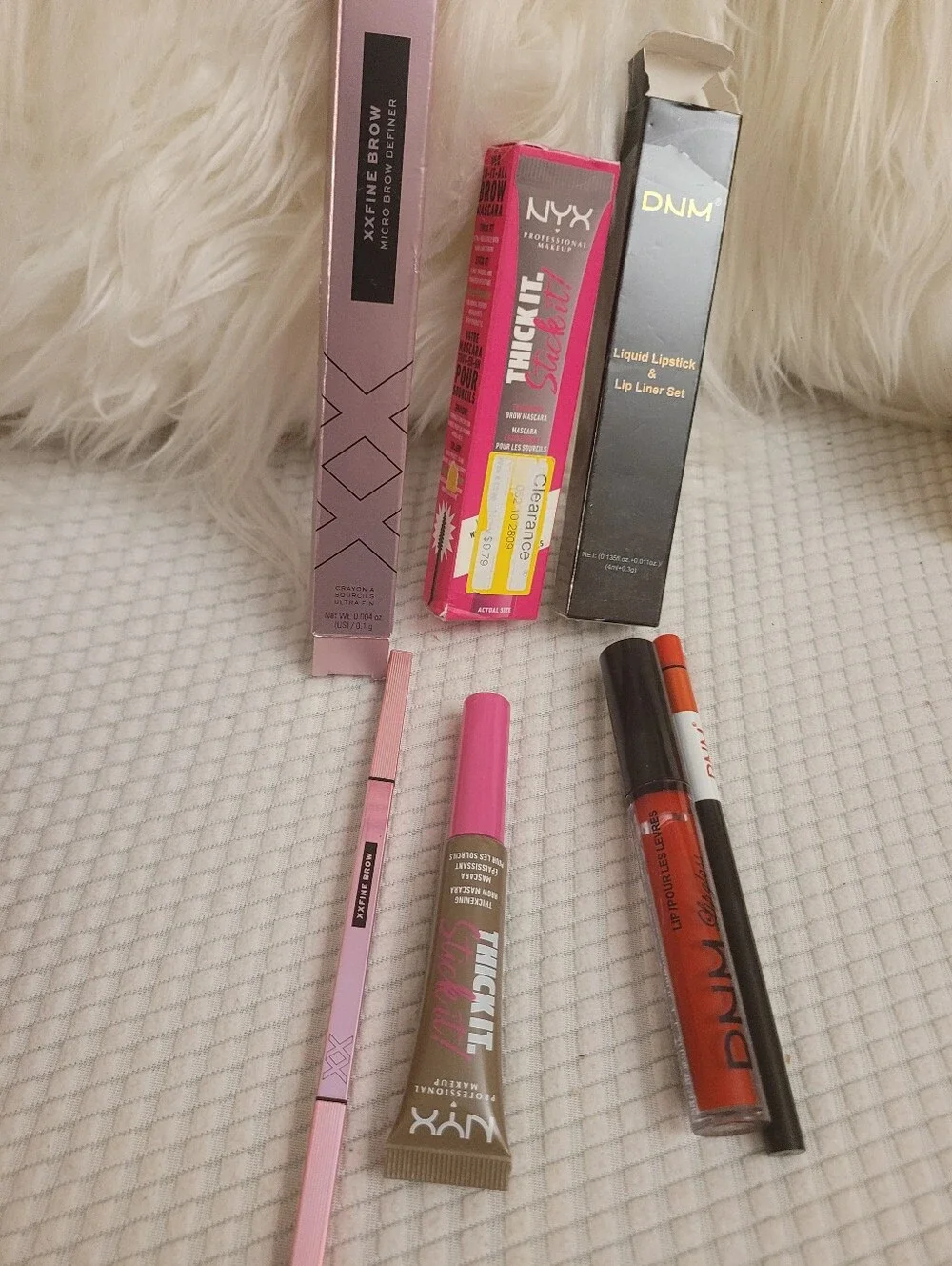 Dnm Lip Duo Red, NYX eyebrow Mascara, And Micro Eyebrow Pencil